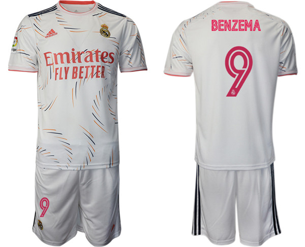 Men's Real Madrid #9 Karim Benzema 2021/22 White Home Soccer Jersey with Shorts